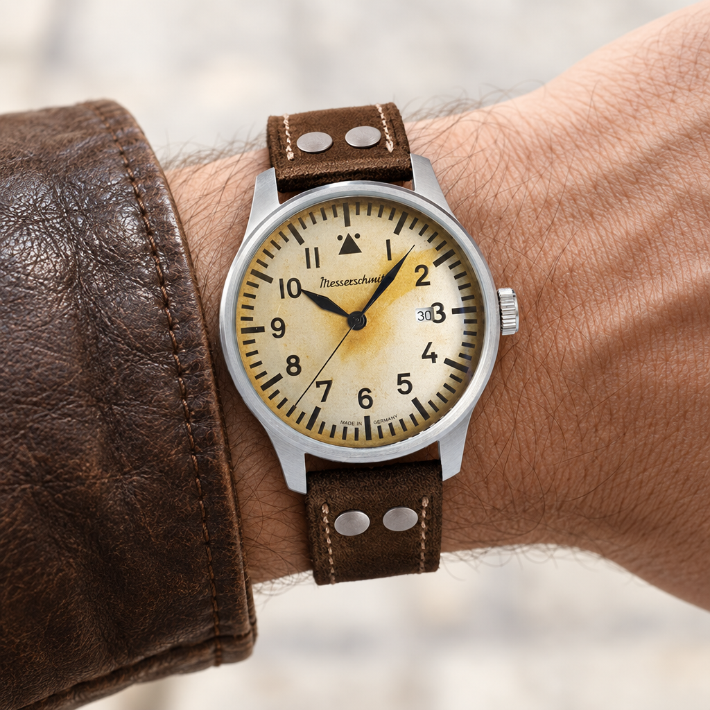 Messerschmitt ME-42Vintage-1 am Handgelenk mit brauner Lederjacke