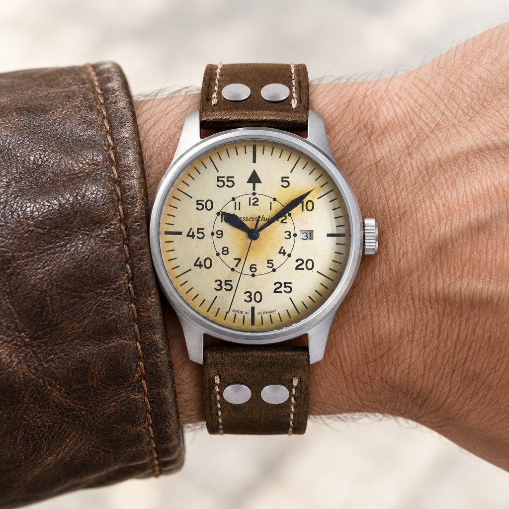 Messerschmitt ME-42Vintage-2 am Handgelenk mit brauner Lederjacke